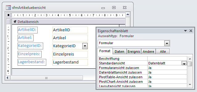Unterformular mit der Liste der Artikel