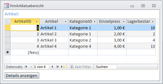 Haupt- und Unterformular in der Formularansicht