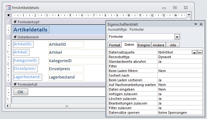 Entwurf des Detailformulars