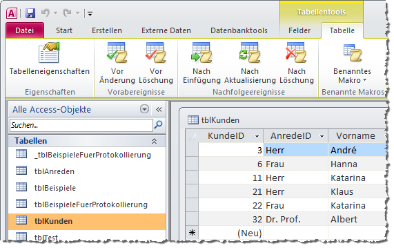 Schaltflächen zum Hinzufügen von Tabellenereignissen in der Datenblattansicht