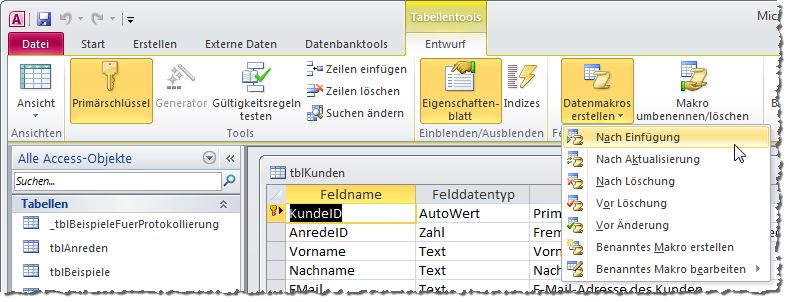 Schaltflächen zum Hinzufügen von Tabellenereignissen in der Entwurfsansicht