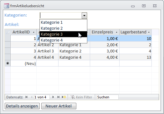 Auswahl einer der Kategorien als Filter für die angezeigten Datensätze im Unterformular