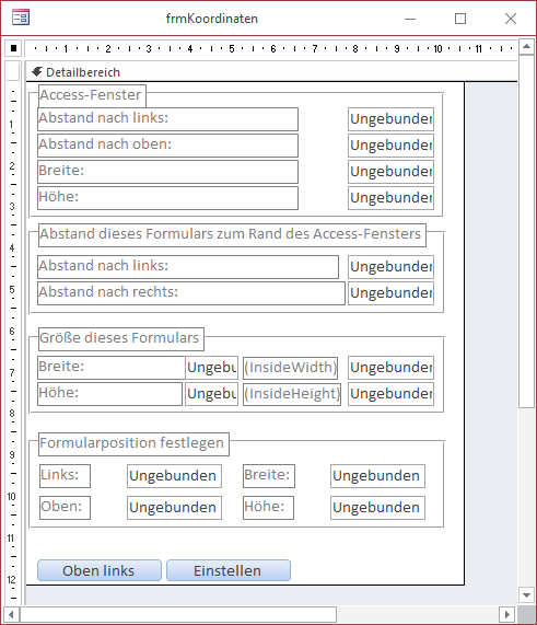 Formular zur Anzeige der aktuellen Abmessungen des Formulars und des Access-Fensters