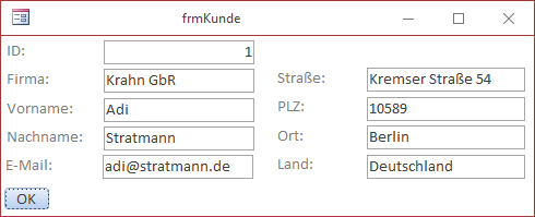 Erster Datensatz im Beispielformular