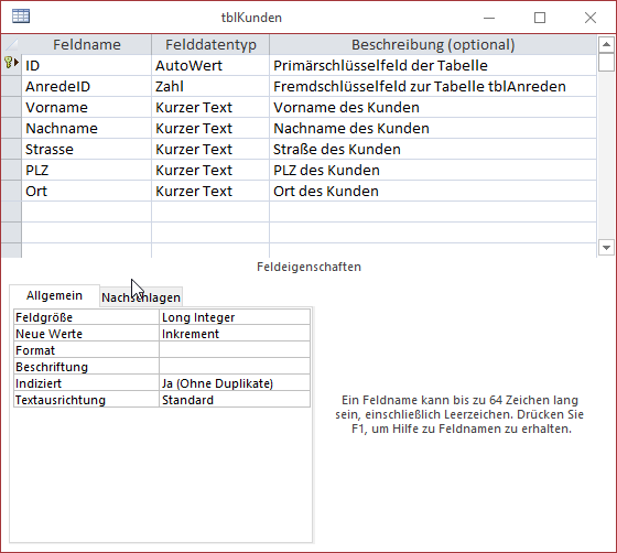 Entwurf der Tabelle tblKunden