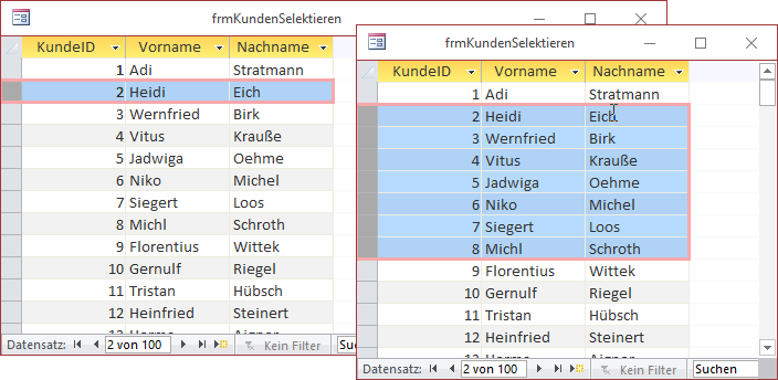 Beispiele für die Selektion von Datensätzen im Datenblatt