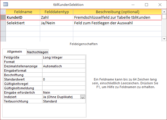 Die Tabelle mit dem Selektionsfeld