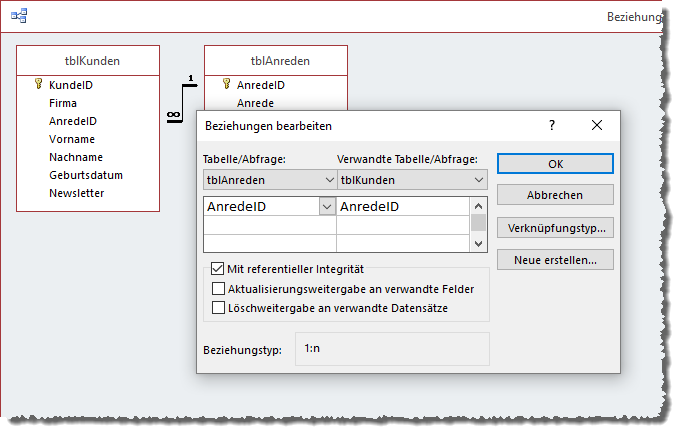 Beziehung zwischen den Tabellen tblKunden und tblAnreden