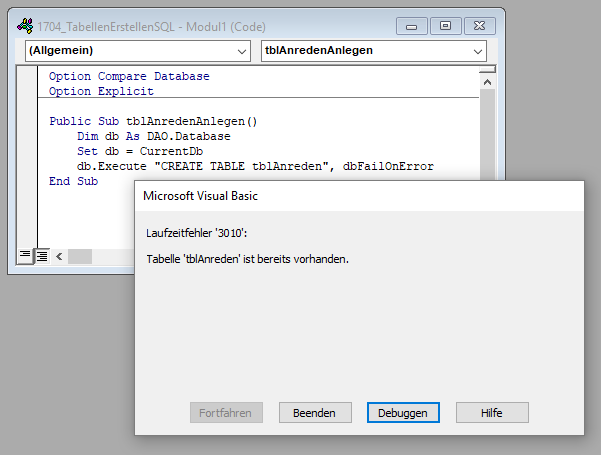 Fehler beim Versuch, eine bereits vorhandene Tabelle anzulegen