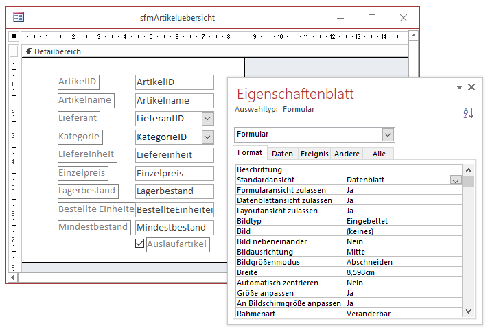 Entwurf des Unterformulars mit der Datenblattansicht