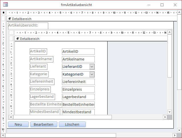 Haupt- und Unterformular in der Entwurfsansicht