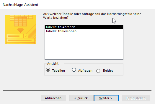 Auswahl der zu verknüpfenden Tabelle