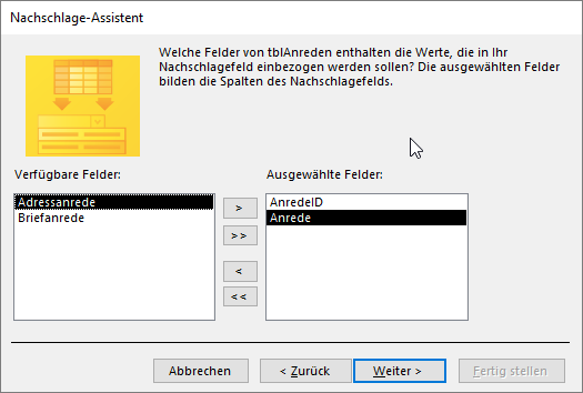 Festlegen der gewünschten Felder