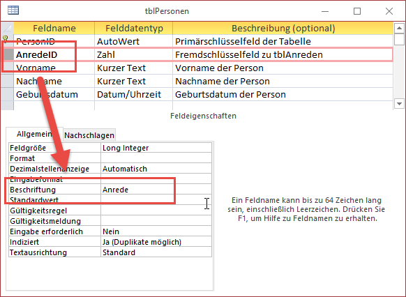 Anpassen der Beschriftung für zu erstellende Bezeichnungsfelder