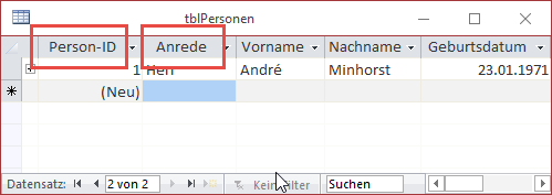 Die neuen Beschriftungen werden bereits in der Datenblattansicht angezeigt.