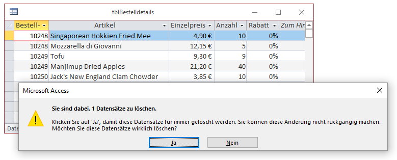 Meldung beim manuellen Löschen aus der Datenblattansicht