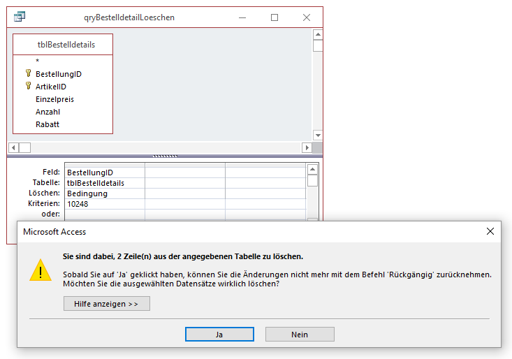 Meldung beim Löschen per Aktionsabfrage