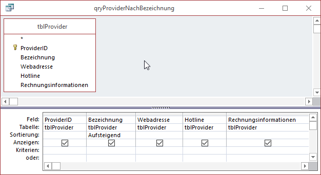 Abfrage, welche die Provider nach der Bezeichnung sortier