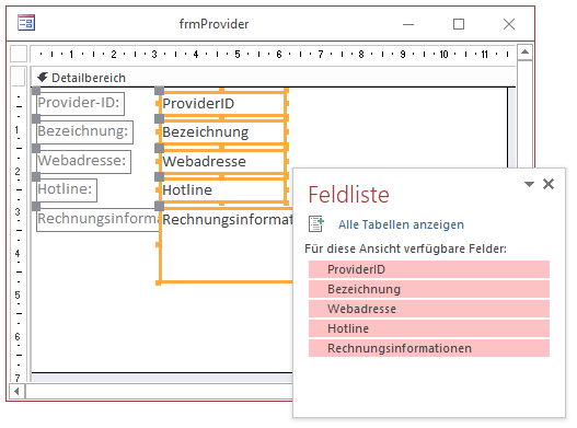 Hinzufügen der gebundenen Felder zum Formular frmProvider