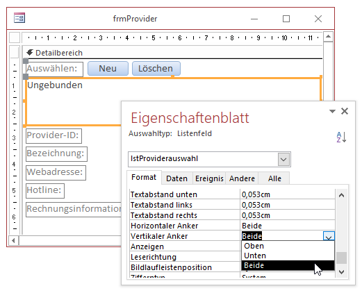 Einstellung der beiden Eigenschaften Horizontaler Anker und Vertikaler Anker