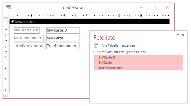Unterformular für die Anzeige aller SIM-Karten