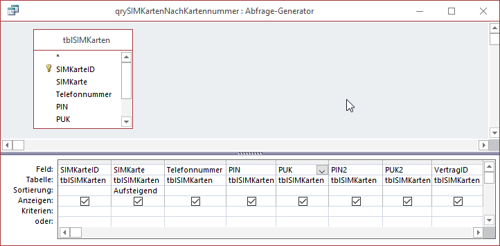 Abfrage, welche die Felder der Tabelle tblSIMKarten nach Kartennummer sortiert liefert