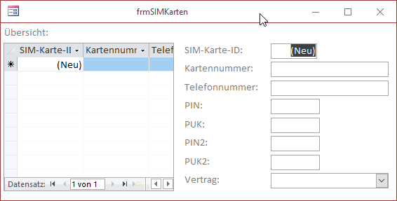 Formularansicht ohne Daten