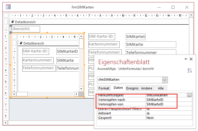 Verknüpfungseigenschaften des Unterformular-Steuerelements