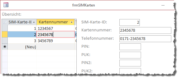 Das Hauptformular zeigt nun die Daten des im Unterformular ausgewählten Datensatzes an.