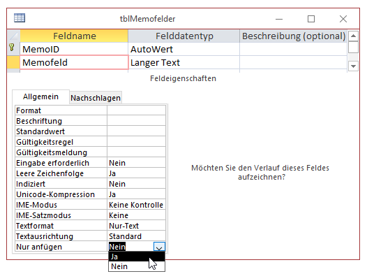 Die Eigenschaft Nur anfügen von Memofeldern
