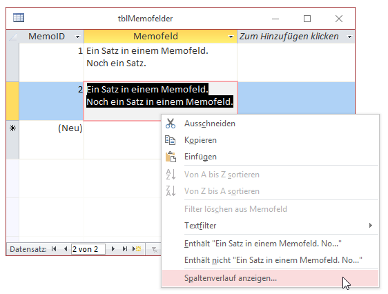 Keine änderungen bei der Eingabe, jedoch ein neuer Kontextmenü-Eintrag