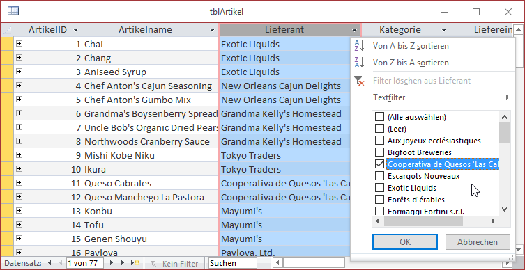 Eingebaute Suche nach einem Eintrag