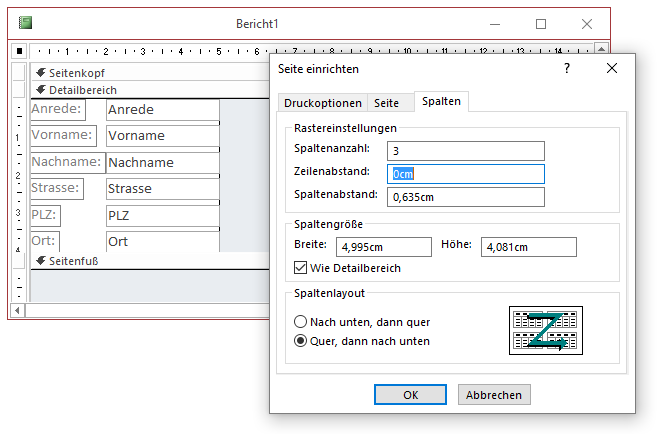 Einstellungen für einen mehrspaltigen Bericht