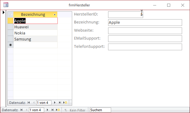 Beim Anzeigen erscheinen die Datensätze im Haupt- und Unterformular synchron.
