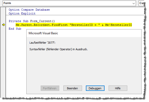 Fehler beim Anzeigen eines neuen, leeren Datensatzes