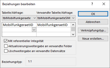 Die Beziehung wird als 1:1-Beziehung eingetragen.