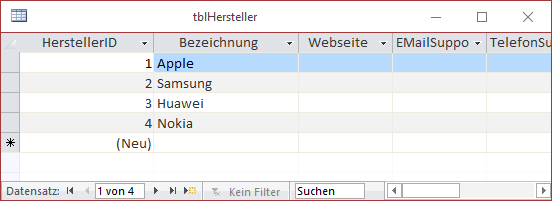 Datensätze der Tabelle tblHersteller