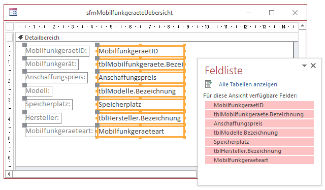 Hinzufügen der Felder zum Entwurf des Formulars sfmMobilfunkgeraeteUebersicht