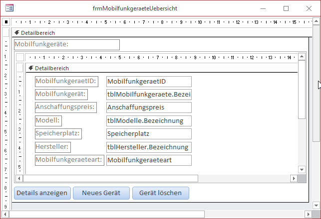 Entwurf des Hauptformulars frmMobilfunkgeraeteUebersicht