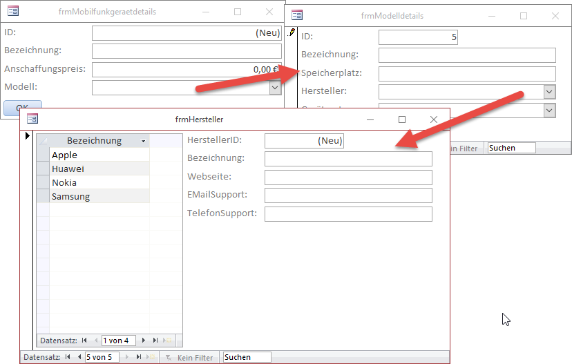 Öffnen der jeweiligen Detailformulare per Doppelklick auf die Kombinationsfelder