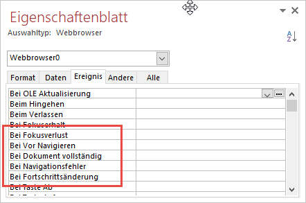 Ereigniseigenschaften des Steuerelements