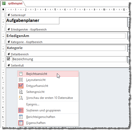 Anzeigen der Berichtsansicht vom Entwurf aus