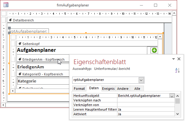 Hinzufügen eines Berichts zu einem Formular als Unterformular