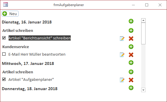 Der neu gestaltete Bericht im Hauptformular mit Neu-Schaltfläche