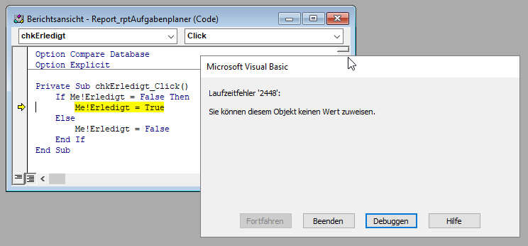 Fehler beim Zuweisen eines Wertes an ein Feld im Bericht