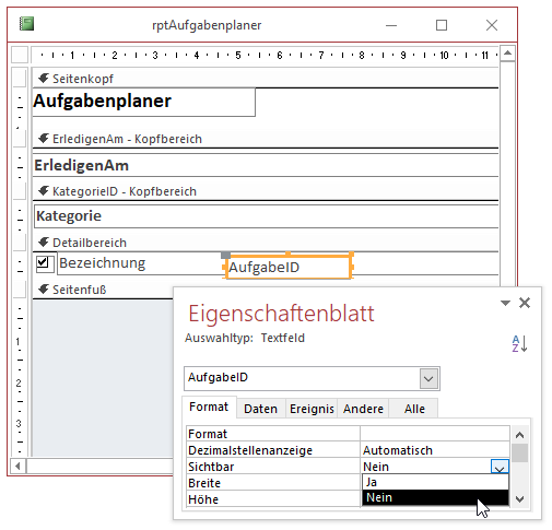 Hinzufügen des Feldes AufgabeID als unsichtbares Textfeld