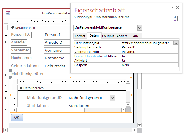 Einbau des Unterformulars in das Hauptformular