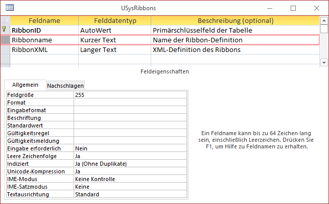 Tabelle zum Speichern der Ribbon-Definitionen