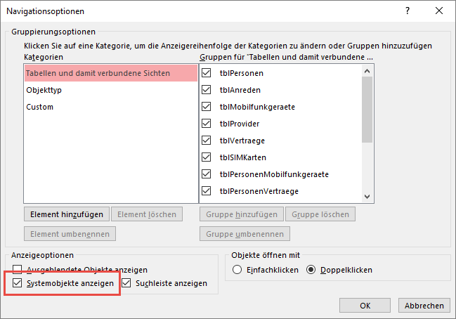 Aktivieren der Anzeige der Systemobjekte im Navigationsbereich