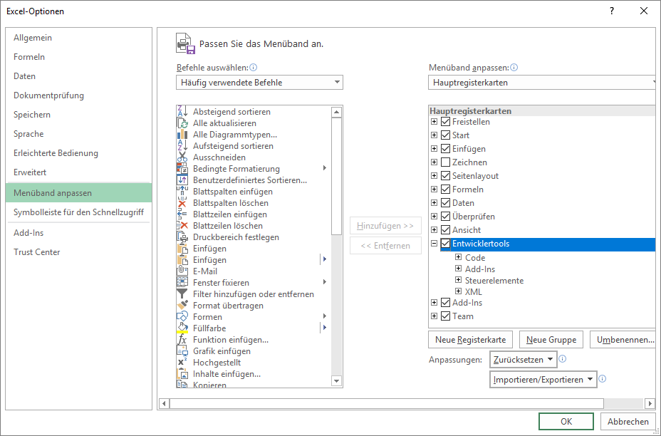 Ribbon-Tab Entwicklertools einblenden
